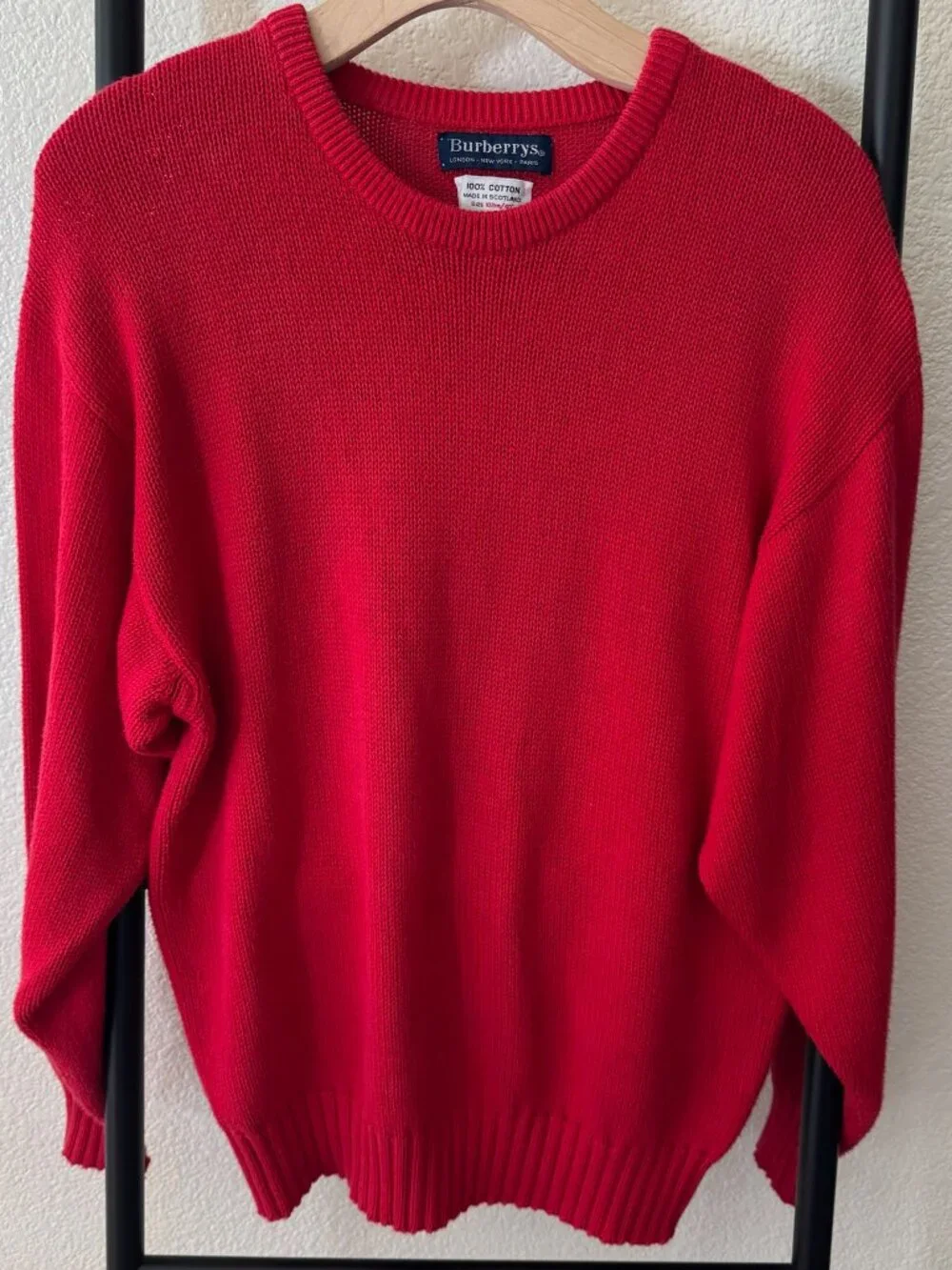 Vintage Burberry Bright Red Cotton Knit Sweater Size Medium